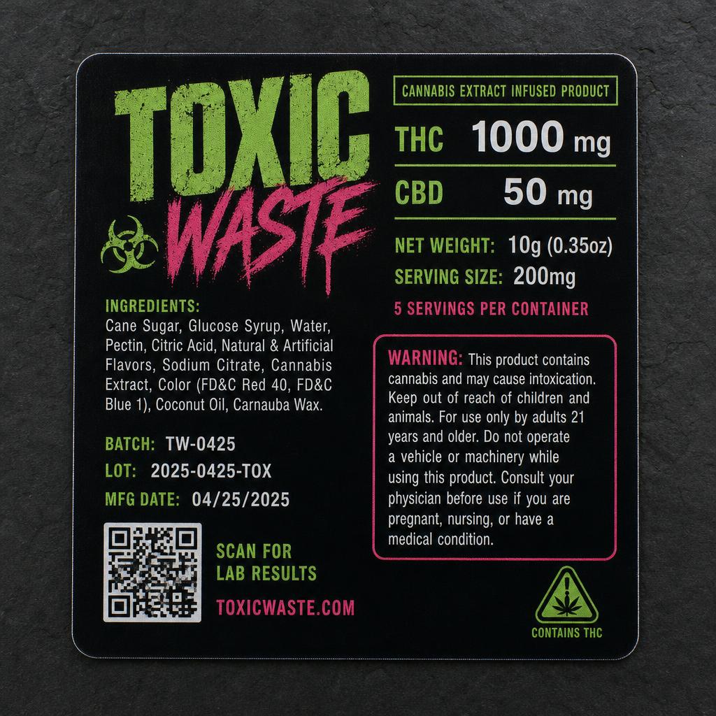 Detailed cannabis label panel with potency figures, batch code and QR