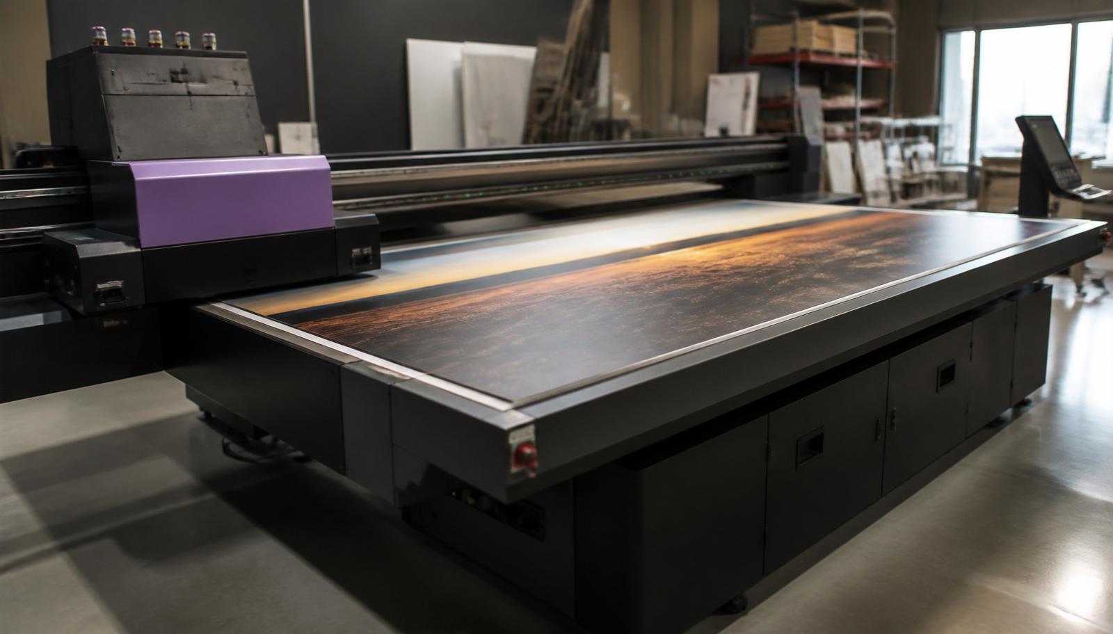 Mimaki UV-LED flatbed printer with rigid substrate loaded