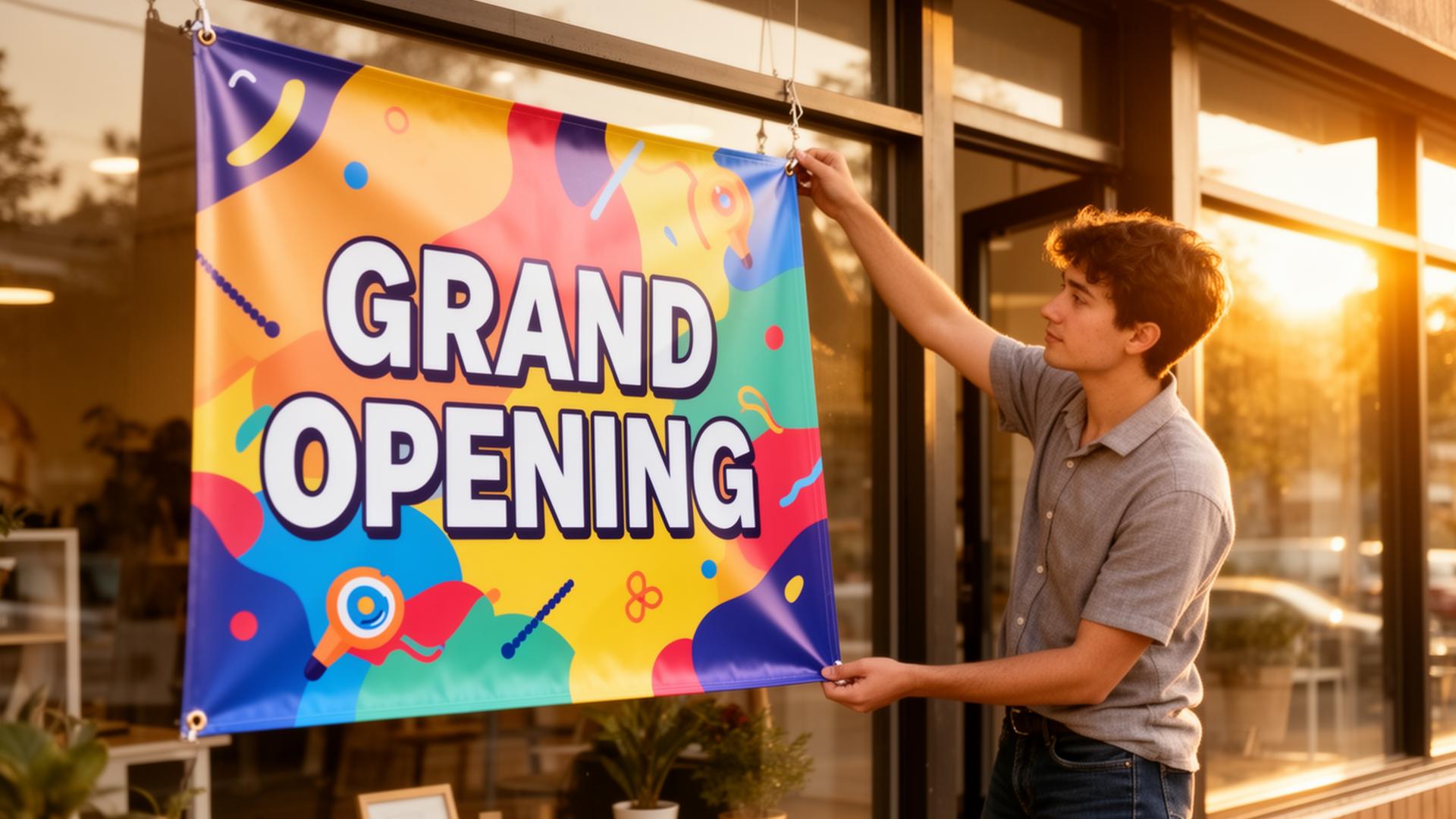 Small business owner hanging a custom vinyl Grand Opening banner outside their storefront